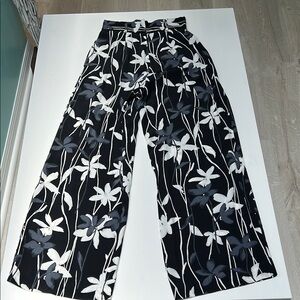 Floral Black and White Wide-Leg Pants